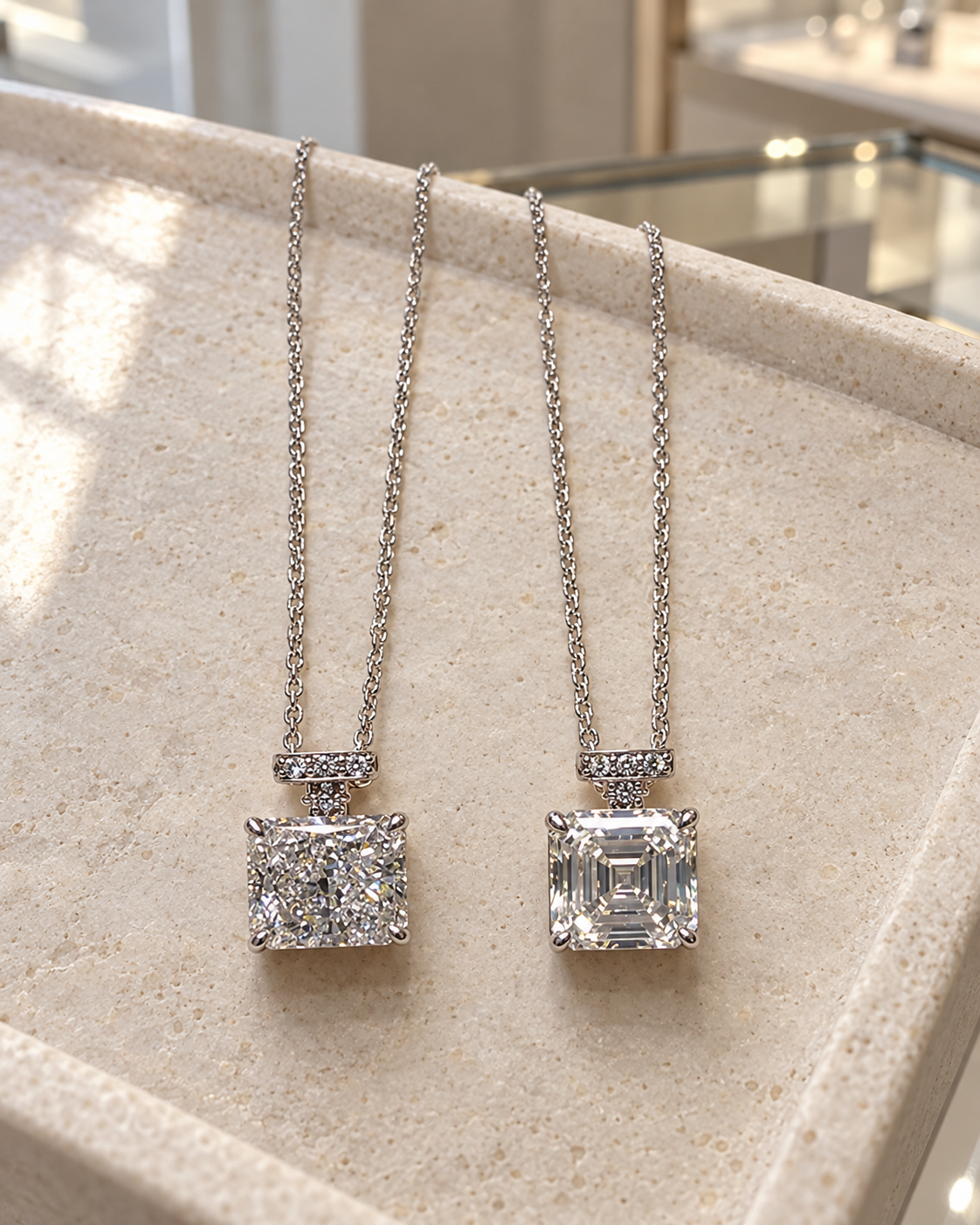 Two square diamond pendant options: radiant mixed cut and Asscher step cut